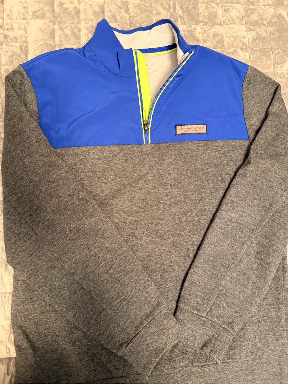 Vineyard Vines Blue and Gray Quarter-Zip Pullover with Neon Trim